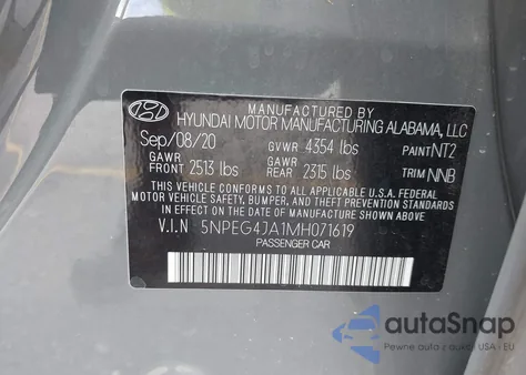 2021 Hyundai Sonata Se z USA, uszkodzony, nr VIN 5NPEG4JA1MH071619